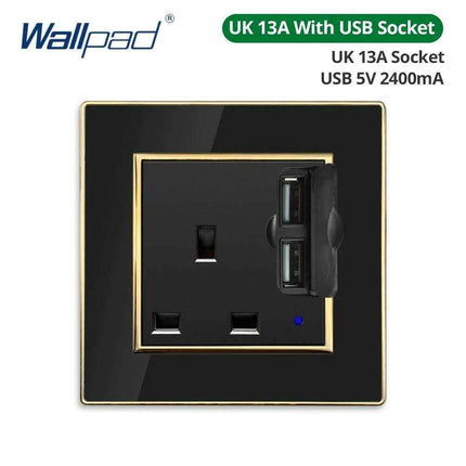 Luxurious Black Acrylic Switch Panel with Gold Accents & Universal Sockets - 220V, Multi-Gang, Modern Design - Illuminated Control Panel with USB Charging Feature