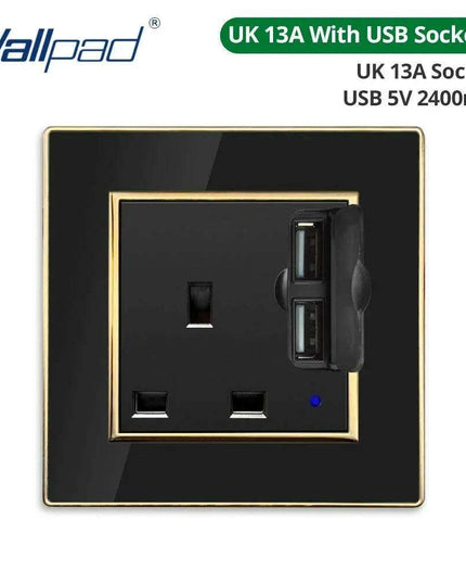 Luxurious Black Acrylic Switch Panel with Gold Accents & Universal Sockets - 220V, Multi-Gang, Modern Design - Illuminated Control Panel with USB Charging Feature