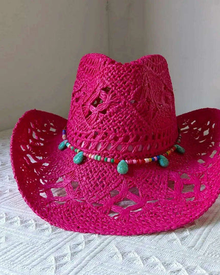 Rose Red Cowboy Straw Hat - Adjustable Wide Brim Sun Hat for All Seasons