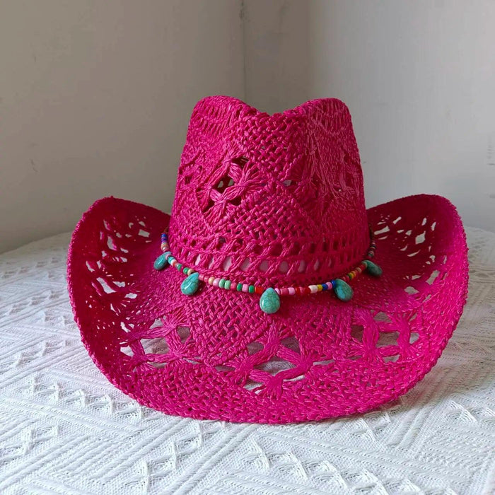 Rose Red Cowboy Straw Hat - Adjustable Wide Brim Sun Hat for All Seasons