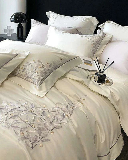 Luxury 1000TC Egyptian Cotton Bedding Set with Leaf Embroidery