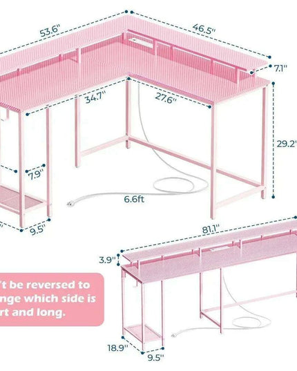 Pink Carbon Fiber L-Shaped Gaming Desk with Custom LED Ambiance, Power Ports, and Ample Storage