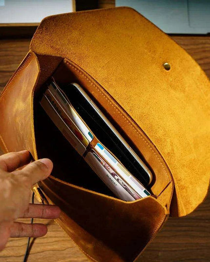 Retro Cowhide Leather Laptop Sleeve with Multi-Functional Storage