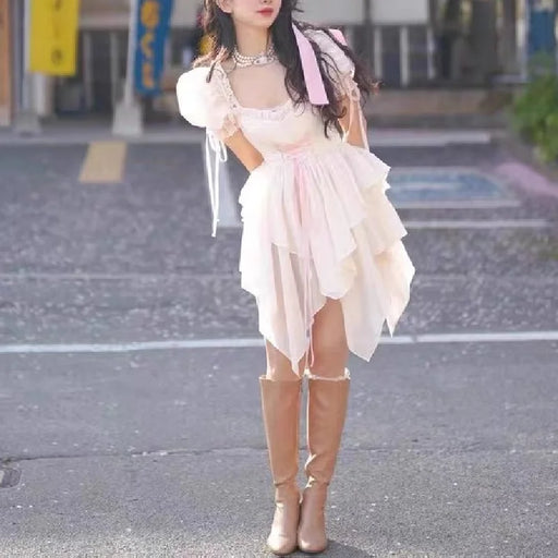 Chic Korean Princess Cross Rope Bow Organza Dress