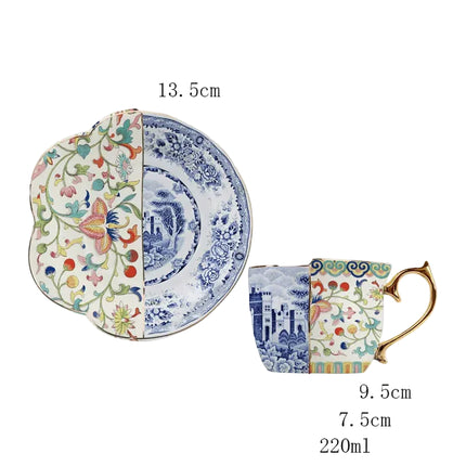 Retro Blue & White Rose Ceramic Mug — Gold Accent Irregular Design