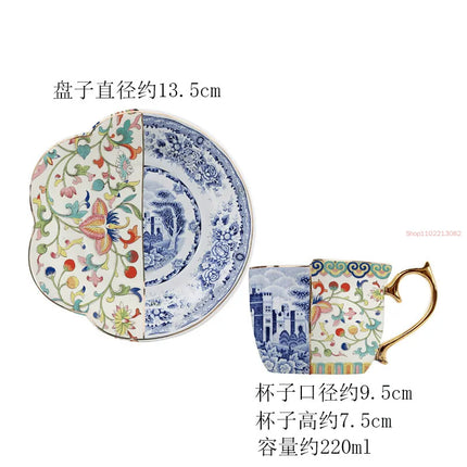 Retro Blue & White Rose Ceramic Mug with Golden Stroke — Irregular Shape, Light Luxury | Très Elite