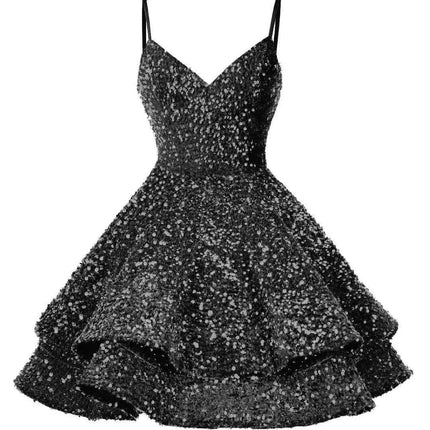 Sparkling Tiered Sequin Spaghetti Strap Short Cocktail Dress for Young Women