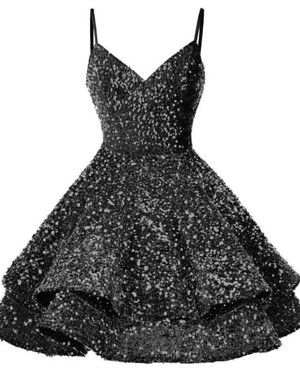 Sparkling Tiered Sequin Spaghetti Strap Short Cocktail Dress for Young Women