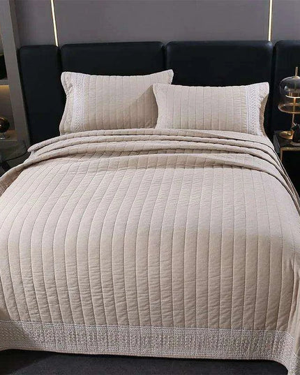 Khaki Embroidered Cotton Quilt Set - Luxurious 3-Piece King Size Bedspread with Matching Pillow Shams