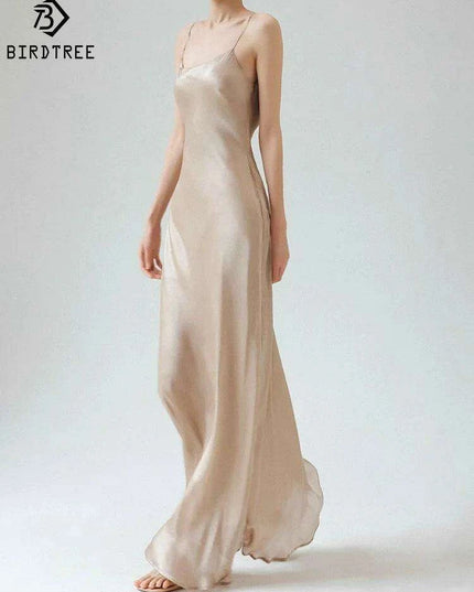 Elegant Sleeveless Long Silk Satin Party Dress in Mulberry