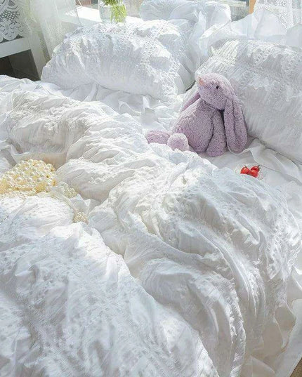 Princess White Ruffled Seersucker Bedding Set for Girls
