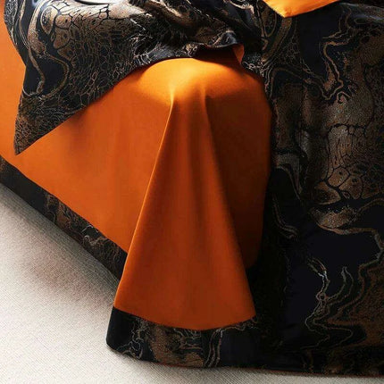Luxurious Golden Jacquard Satin Bedding Set - 4-Piece Black Duvet & Egyptian Cotton Sheets
