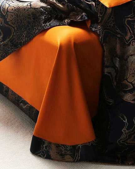 Luxurious Golden Jacquard Satin Bedding Set - 4-Piece Black Duvet & Egyptian Cotton Sheets