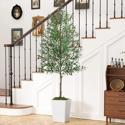 8 ft Artificial Olive Tree with White Pot and Faux Moss