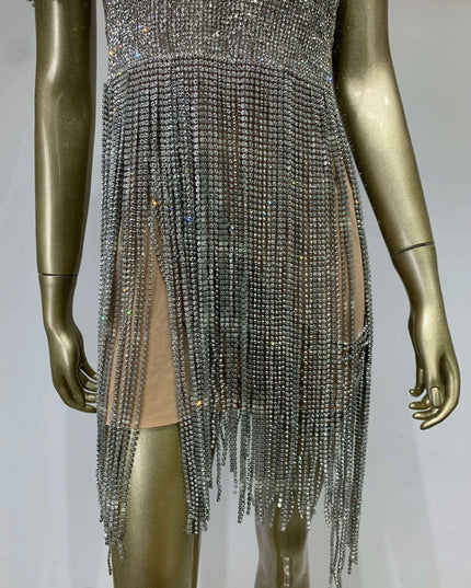 Radiant Diamond Tassel V Neck Bodycon Mini Dress - Showstopper Evening Attire