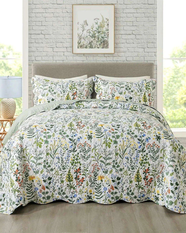 Elegant Floral Garden Reversible Quilt Set - 3-Piece Microfiber Bedding Ensemble