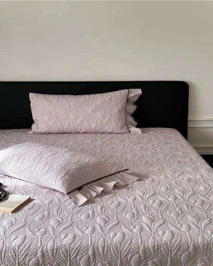 Queen Size 3-Piece Quilted Bedspread Set with Tree Leaves Motif and Pleated Trim - Soft Cotton Comfort