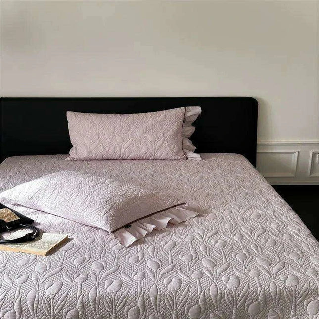 Queen Size 3-Piece Quilted Bedspread Set with Tree Leaves Motif and Pleated Trim - Soft Cotton Comfort