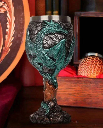 Dragon Resin Stainless Steel Beer Mug - Hand Painted Gothic Viking Skull Wine Goblet