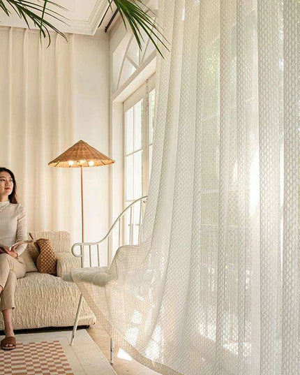 Beige Bohemian Cotton Linen Window Treatments with Grey Tulle