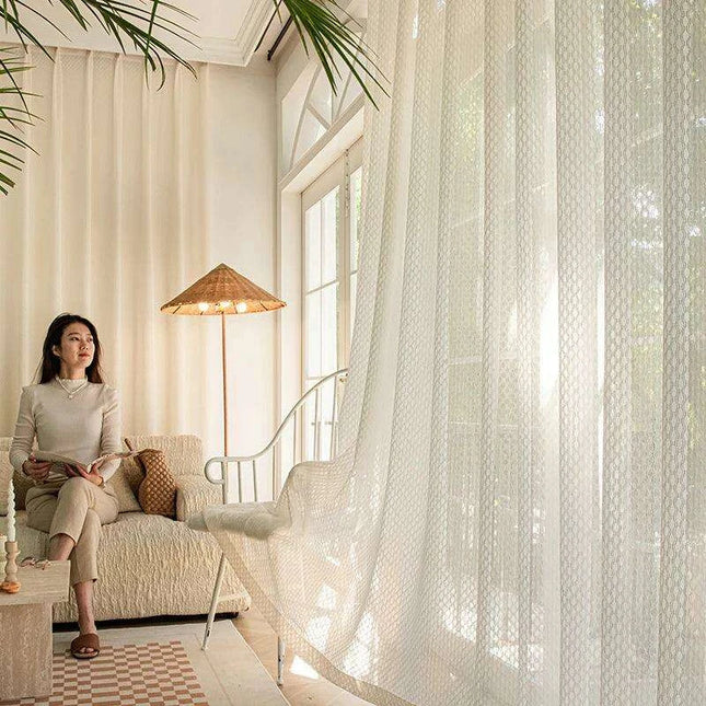 Beige Bohemian Cotton Linen Window Treatments with Grey Tulle