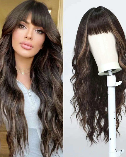 30-Inch Brown Wavy Synthetic Wig with Bangs - Perfect for Parties and Themed Events