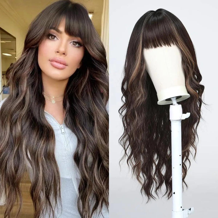 30-Inch Brown Wavy Synthetic Wig with Bangs - Perfect for Parties and Themed Events
