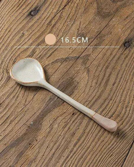Japanese-Inspired Vintage Stoneware Soup Spoon with Extended Handle - Elegant Kitchen Tableware for 2024