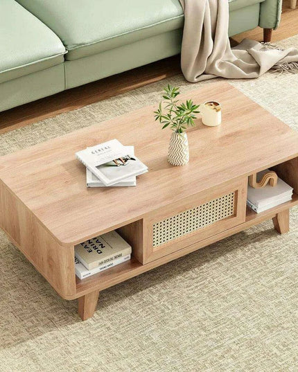 Stylish Rattan-Infused Wooden Coffee Table - Essential for Modern Living Spaces