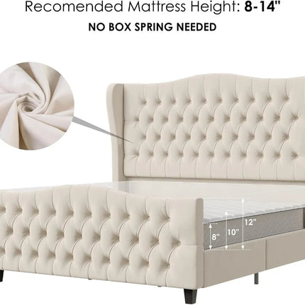 King Size 54.3" Tall Platform Bed Frame with Wingback Headboard, Velvet Upholstered, No Box Spring Needed, Beige king-size-54-3-tall-platform-bed-frame-with-wingback-headboard-velvet-upholstered-no-box-spring-needed-beige