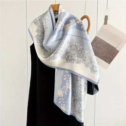 100% Mulberry Silk Long Scarf – Light Blue Floral Print, Gift Boxed