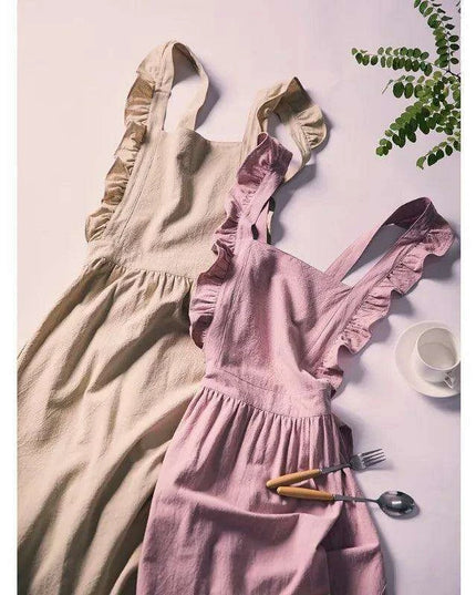 Chic Floral Ruffle Kitchen Apron for Women - Luxurious Japanese Washed Cotton Linen