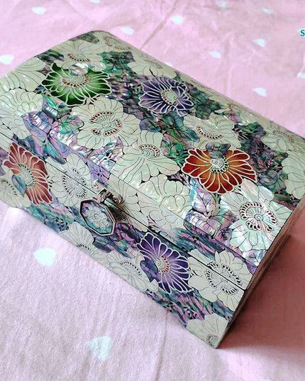 Opulent Two-Tier Jewelry Storage Box with Mother-of-Pearl Detailing and Integrated Mirror