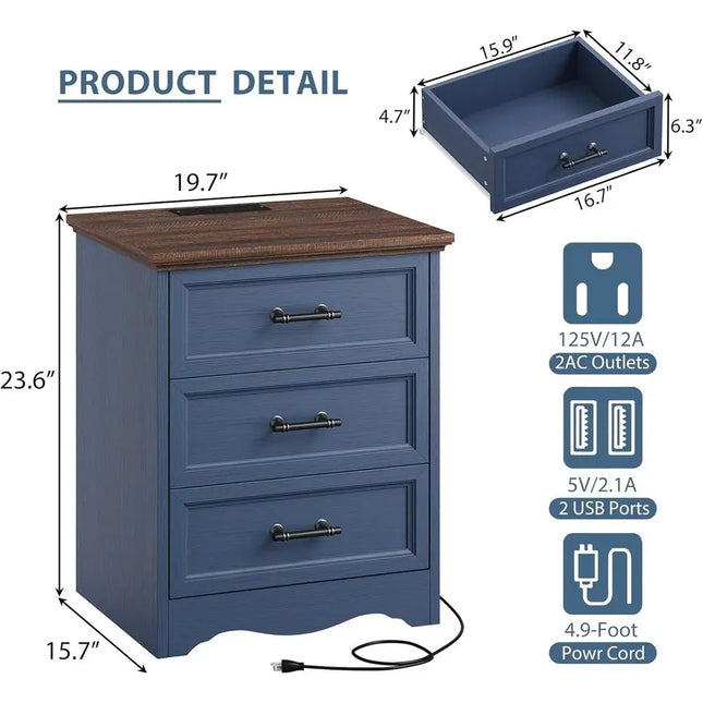 Blue Farmhouse Nightstand with Charging Station — 3-Drawer Bedside End Table, USB & AC Outlets