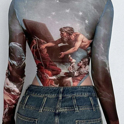 Vintage-Inspired Sheer Long Sleeve Bodysuit with Elegant Square Neckline and Bustier Detailing