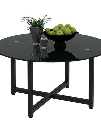 Modern Elegance Black Glass Coffee Table with Metal Framework and Additional Storage