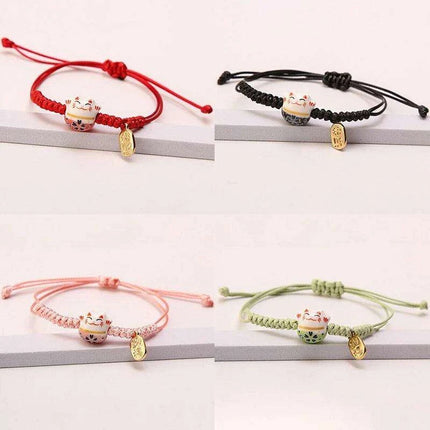 Whimsical Rainbow Braided Lucky Cat Bracelet - Adjustable Ceramic Good Fortune Jewelry