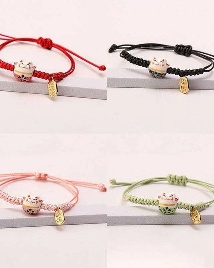 Whimsical Rainbow Braided Lucky Cat Bracelet - Adjustable Ceramic Good Fortune Jewelry