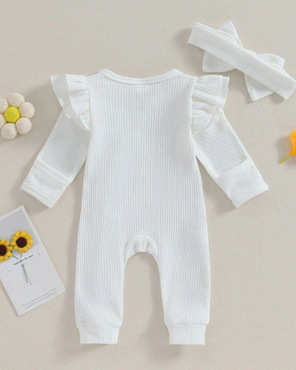 Autumn Ruffled Baby Girl Jumpsuit with Matching Bow Headband - Cozy Solid Color Romper for Newborns 0-12 Months