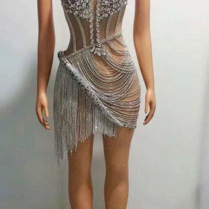 Glistening Sheer Mini Dress with Dazzling Rhinestone Fringes