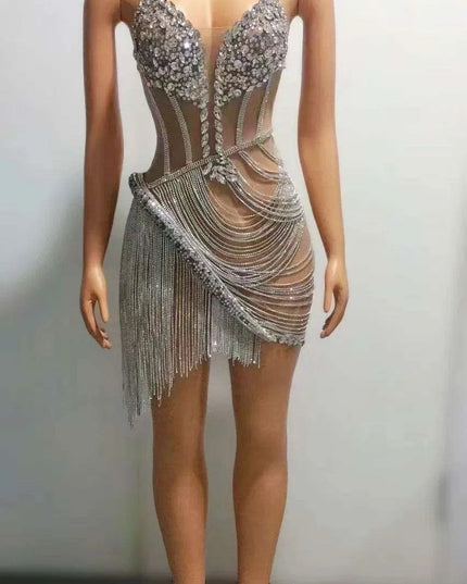 Glistening Sheer Mini Dress with Dazzling Rhinestone Fringes