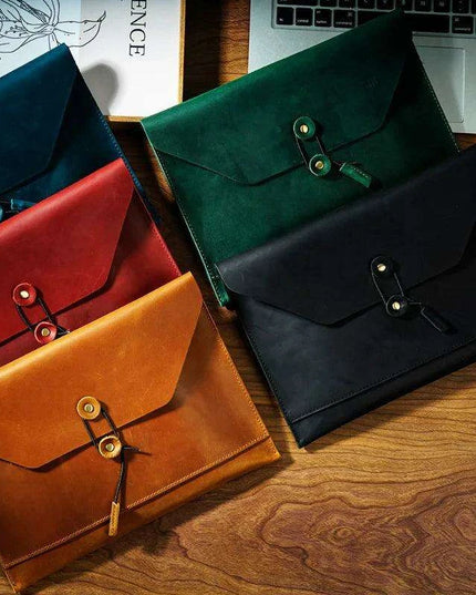 Retro Cowhide Leather Laptop Sleeve with Multi-Functional Storage