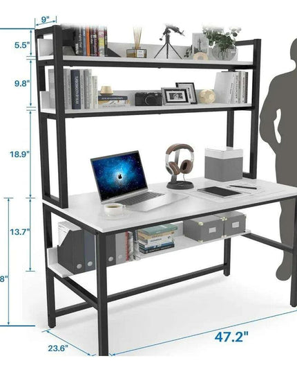 Modern White Office Desk with Hutch and 3-Tier Bookshelf for Stylish Workspace Efficiency