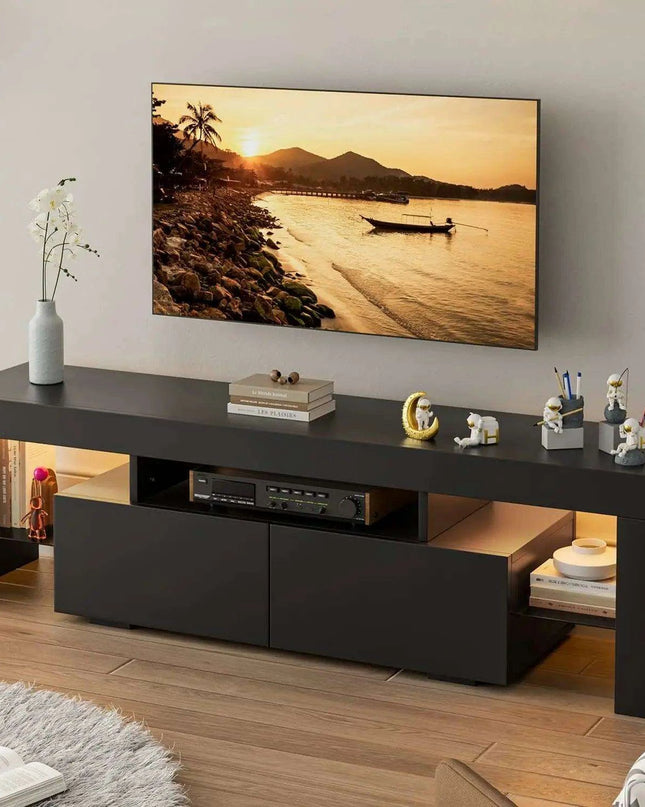 Sleek LED-Illuminated TV Stand with Glass Shelves and Storage, Fits TVs up to 70 Inches