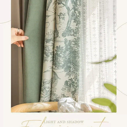 Jacquard Leaf Blackout & Sheer Curtains - Blue-Green Cotton Linen