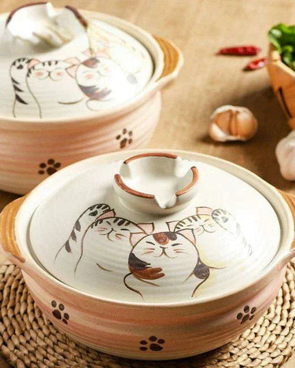 Elegant Japanese Cat-Themed Ceramic Stew Pot with Comfortable Double Ear Handles for Gourmet Cooking
