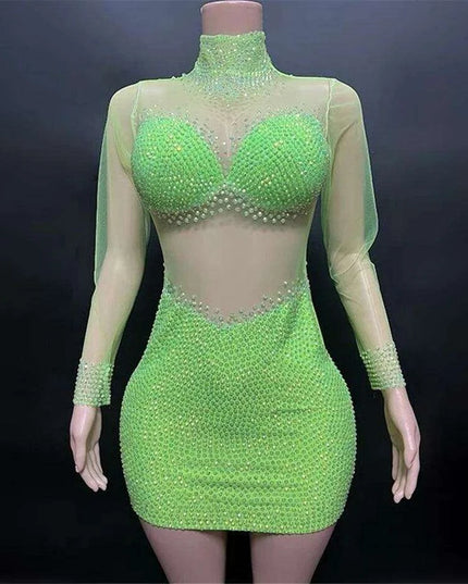 Elegant Sky Blue Sheer Evening Dress with Radiant Diamond Accents