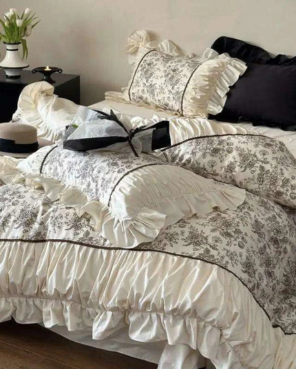 Elegant Beige Floral Ruffled Cotton Bedding Set – 4-Piece Duvet Cover, Sheet, and Pillowcases