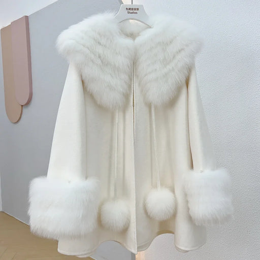Elegant Fox Fur Trimmed Woolen Cape - Stylish and Cozy Choice