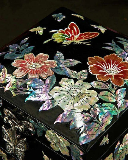 Handcrafted Mother-of-Pearl Jewelry Box with Enchanting Butterfly and Peony Design - Ideal for Storing Bangles and Keepsakes